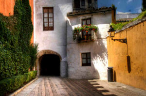 seville streets cobblestone sun flowers